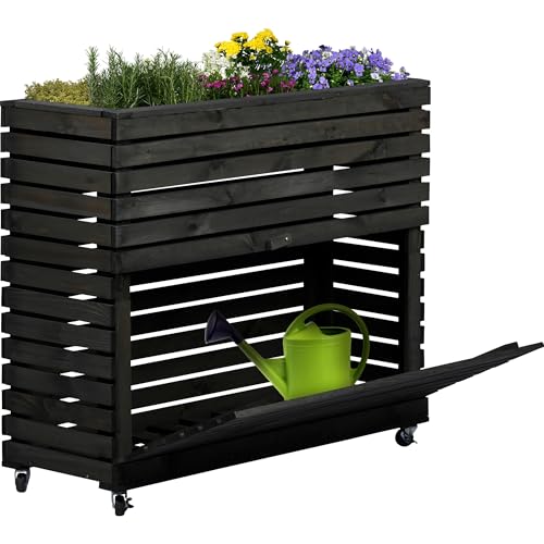 dobar® Großes Hochbeet Rolla aus Massivholz Gr. XL mit Rollen - Erhöhtes Beet mit Staufach - 72 x 32,5 x 78 cm - Anthrazit von dobar