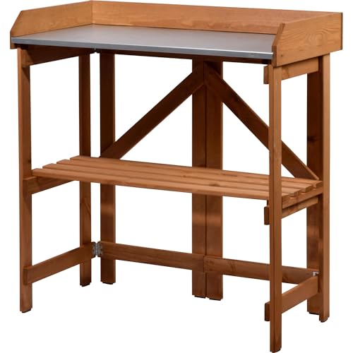 dobar® Klappbarer Pflanztisch | Gärtnertisch Massivholz | Faltbarer Umtopftisch mit Zinkplatte | Blumentisch für Garten/Terrasse/Balkon | 85 x 44 x 89 cm | Braun von dobar