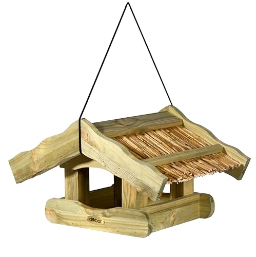 dobar® Vogelfutterhaus Saksun mit Schilfdach, hängend - Vogelfutterhaus zum Aufhängen - Futterstation aus Holz - Wildvogelfutterplatz - 39 x 30 x 22 cm - Natur von dobar