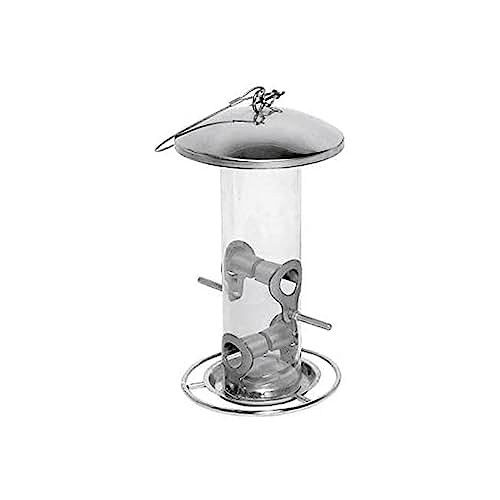 dobar® 10089 Vogelfuttersäule mit Edelstahlschlaufe - Futterstation für Wildvögel - Futterspender Acryglassilo für Sämereien - Futtertablet Stahl für Garten/Terrasse/Balkon - Ø 14 cm x 26 cm - Silber von dobar