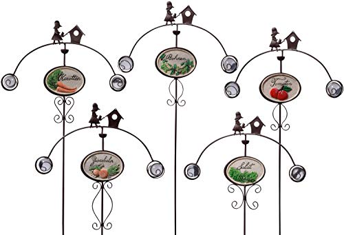 dobar 12830e 5-teiliges Gartenstecker-Set, Metall-Dekostäbe für den Gemüsegarten, Tomate, Salat, Karotte, Bohnen, Zwiebeln, 110 x 40 cm, Braun von dobar