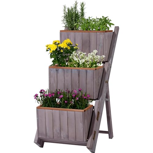 dobar® 29252e ausklappbare Pflanztreppe Dreistufig | Blumentreppe mit 3 separaten Pflanzkästen | Blumenkästen inkl. Pflanzfolie | Vormontierte Blumenkasten | Pflanzkübel Holz | 41 x 55 x 85 cm | Grau von dobar