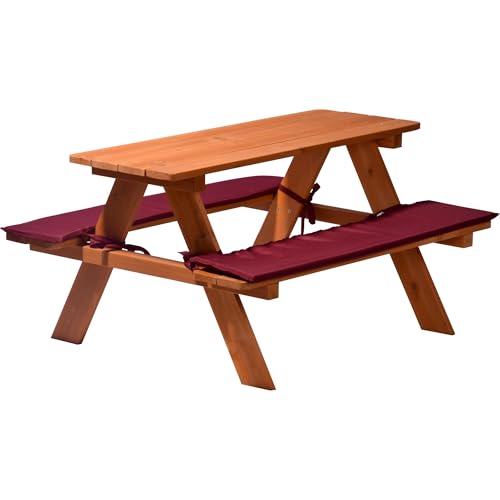 dobar® Picknicktisch für Kinder | Sitzbank aus Massiv-Holz | Kindersitzgarnitur inkl. passender Sitzauflagen | Kindersitzgruppe für Garten/Terrasse/Balkon | 89 x 79 x 50 cm | Braun/Rot von dobar