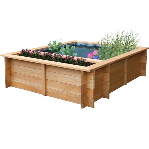 dobar® 29240FSCe Hochteich Maxime | Gartenteich 330 L aus robustem Massivholz | Miniteich für Garten/Terrasse/Balkon | Teich für den Garten inkl. Teichfolie | 150 x 120 x 40 cm | Braun von dobar