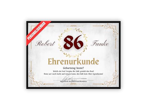 dockyardos® Geschenk zum 86. Geburtstag | Personalisierte Urkunde | Geburtstagsurkunde | Ehrenurkunde | Beste Freundin | Geschenkidee | Frauen | Männer | Geburtstagsgeschenk von dockyardos