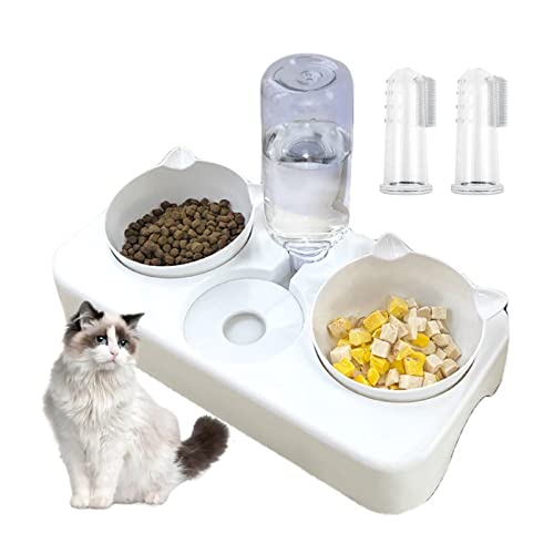 Katzennapf mit Wasserspender, 3 in 1 Katzennapf Futternapf für Katzen, Doppelnapf Trennung von Trocken und Nassfutter Geneigte Futternapf Katzenfressnapf Automatisch, mit 2 Fingerzahnbürsten (Weiß) Katzennapf mit Wasserspender, 3 in 1 Katzennapf Futternapf für Katzen, Doppelnapf Trennung von Trocken und Nassfutter Geneigte Futternapf Katzenfressnapf Automatisch, mit 2 Fingerzahnbürsten (Weiß) von doepeBAE