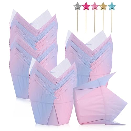 Cupcake Backbecher, 100 Stück Muffinförmchen Papier mit 50 Stück Pentagramm Cupcake Toppers, Tulpen Muffinförmchen Papier für Backen Cupcakes Muffins Geburtstag Hochzeit Party(Rosa-Blau) von dogmoon