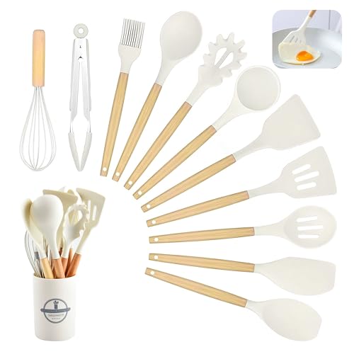 Küchenhelfer Set, 12 Stück Antihaft Hitzebeständiger Holzgriff Kochbesteck mit Utensilienhalter, Holzgriff-Küchenhelfer, Silikon Küchenhelfer Kochutensilien Kochgeschirr Spülmaschinengeeignet(Khaki) von dogmoon