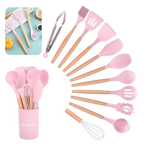 Küchenhelfer Set, 12 Stück Antihaft Hitzebeständiger Holzgriff Kochbesteck mit Utensilienhalter, Holzgriff-Küchenhelfer, Silikon Küchenhelfer Kochutensilien Kochgeschirr Spülmaschinengeeignet(Pink) Küchenhelfer Set, 12 Stück Antihaft Hitzebeständiger Holzgriff Kochbesteck mit Utensilienhalter, Holzgriff-Küchenhelfer, Silikon Küchenhelfer Kochutensilien Kochgeschirr Spülmaschinengeeignet(Pink) von dogmoon