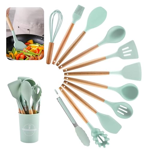 Küchenhelfer Set, 12 Stück Antihaft Hitzebeständiger Holzgriff Kochbesteck mit Utensilienhalter, Holzgriff-Küchenhelfer Silikon Küchenhelfer Kochutensilien Kochgeschirr Spülmaschinengeeignet(Hellgrün) Küchenhelfer Set, 12 Stück Antihaft Hitzebeständiger Holzgriff Kochbesteck mit Utensilienhalter, Holzgriff-Küchenhelfer Silikon Küchenhelfer Kochutensilien Kochgeschirr Spülmaschinengeeignet(Hellgrün) von dogmoon