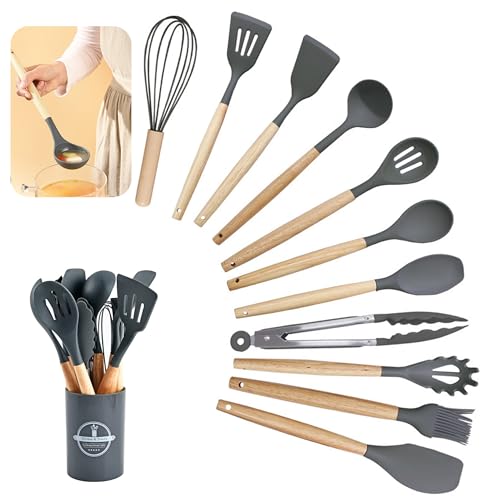 Küchenhelfer Set, 12 Stück Antihaft Hitzebeständiger Holzgriff Kochbesteck mit Utensilienhalter, Silikon Küchenhelfer Kochutensilien Kochgeschirr Spülmaschinengeeignet(Dunkelgrau) von dogmoon