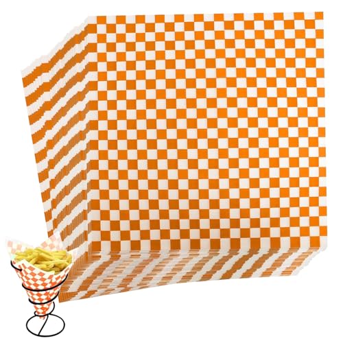 Lebensmittelechtes Geschenkpapier, fettdichtes Papier, öldichtes Wickelwachstuch, wasserdicht, kariertes Burger-Pad für Delikatessen, Sandwich-Kuchen, Käse (28 x 26 cm) (26 x 28 cm, Orange) von dogmoon