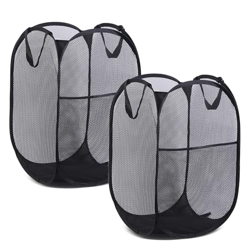 Pop-Up-Wäschekörbe, 2 Stück Faltbarer Laundry Basket Mesh, 75L Faltbarer Wäschekorb aus Mesh, Atmungsaktiver Wabennetz-Wäschekorb für Kinderzimmer College Dorm Camping und Reisen(Schwarz) von dogmoon