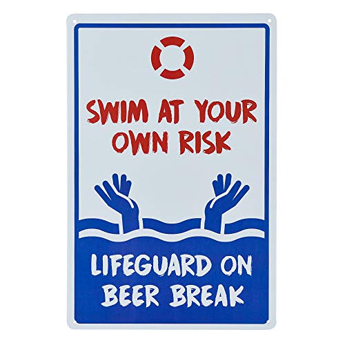 dojune - Poolschild – No Lifeguard On Duty Swim at Your Own Risk Schild 30,5 x 25,4 cm, rot, blau auf weiß, rostfreies Metallschild von dojune