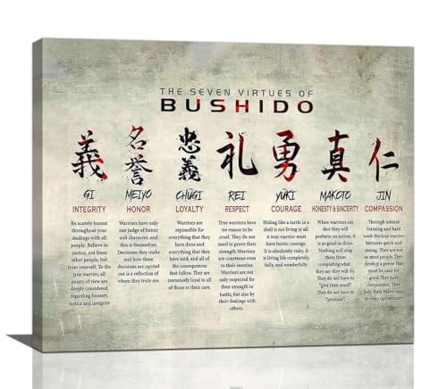 Japanische Samurai-Wandkunst 7 Tugenden von Bushido Code Bilder Wanddekoration Japanischer Krieger Zimmer Poster Leinwand Drucke Gerahmte Moderne Inspirierende Malerei Kunstwerk für Schlafzimmer Büro von dollffey