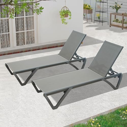 Domi Outdoor-Chaiselongue, 2er-Set, Pool-Lounge-Sessel, Aluminium-Sling-Lounge-Sessel für den Außenbereich mit 5 verstellbaren Positionen (2 graue Lounges ohne Tisch) von domi outdoor living