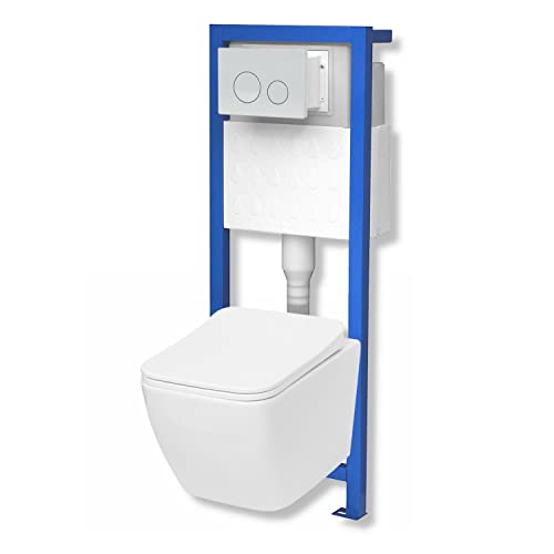 Domino Lavita Vorwandelement inkl. Drückerplatte + Wand WC LINO ohne Spülrand + WC-Sitz mit Soft-Close-Absenkautomatik (Drückerplatte OW) Toilette Komplett Sett WC von Domino