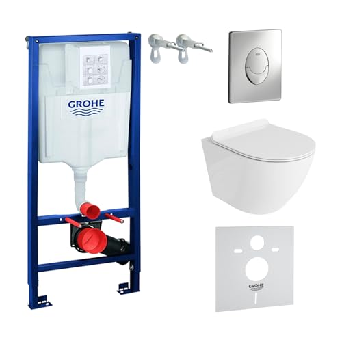 Domino Lavita Wand WC ohne Spülrand + WC-Sitz mit Soft-Close-Absenkautomatik + Vorwandelement inkl. Drückerplatte Skate Air (Sofi, Drückerplatte chrom glänzend) von domino