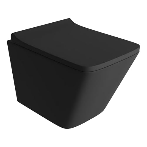Domino LAVITA Wand-WC Hänge Toilette mit WC-Sitz, Toilettendeckel mit Absenkautomatik & Metallscharniere Spülrandlos Hängend Toilettenbecken, Lago Black 340x485x370 mm Schwarz von Domino