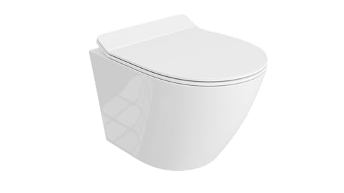 domino LAVITA Wand-WC SOGO Slim WC Sitz Hänge Toilette Toilettendeckel mit Absenkautomatik & Metallscharniere Toiletten Spülrandlos Hängend Toilettenbecken 365x490x395 mm Weißer Glanz von domino