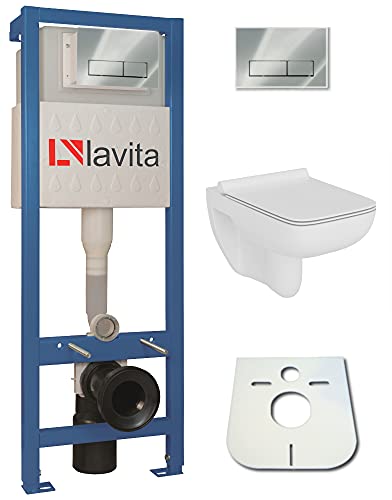 WC-Set Vorwandelement inkl. Drückerplatte + Wand WC Capri Slim ohne Spülrand + WC-Sitz mit Soft-Close-Absenkautomatik (RC) Toilette Komplett Sett WC von domino