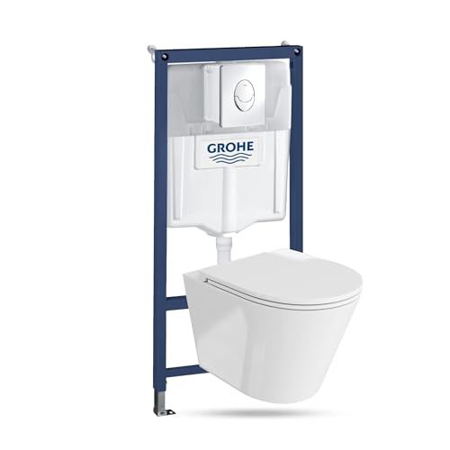 GROHE | Wand WC ohne Spülrand + WC-Sitz mit Soft-Close-Absenkautomatik + Vorwandelement inkl. Drückerplatte Skate Air (Galve, Drückerplatte Chrom glänzend) von domino