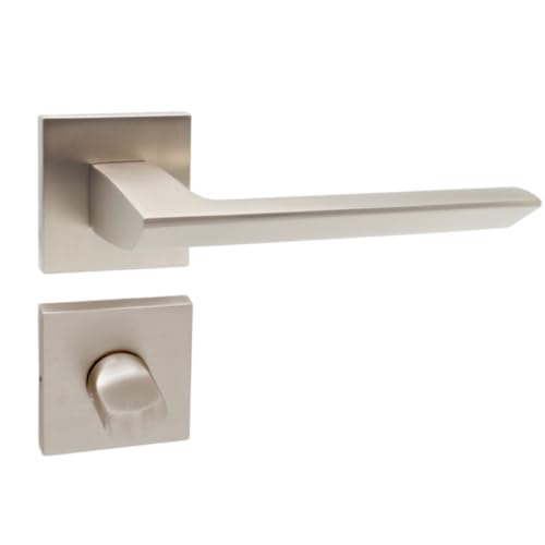 domino Türgriff Drückergarnitur WC - Badezimmer Set | quadratische Rosette | für Badezimmertüren | Set WC - Rosetten-Garnitur | Aluminium |Satin Nickel Türdrückergarnitur |ELENA QR SLIM SN von domino