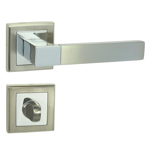 domino Türgriff Drückergarnitur WC - Badezimmer Set | mit quadratischen WC Rosetten | für Badezimmertüren | Set WC - Rosetten-Garnitur | Türklinke aus Aluminium | Chrom/Nickel | REAL-QR von domino