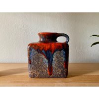 Mid Century Keramik Vase, Quaderförmig Mit Matter Bläschen - & Glänzend Roter, Blauer Überlaufglasur. Eckige Vase 675/2 Gräflich Ortungen Wgp von doobidooVintiques