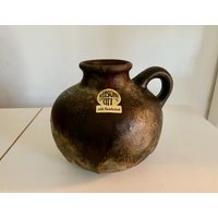 Vintage Keramik-Vase, Bauchig Mit Henkel in Braun-Tönen. Ruscha Art Henkelvase, Rund Laufglasur, Westdeutsche Kunstkeramik von doobidooVintiques