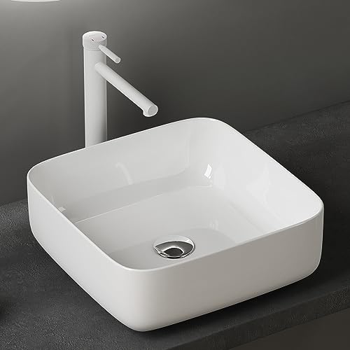 doporro Aufsatzwaschbecken Keramik Waschbecken 385x385x140 mm weiß glänzend Gäste WC Handwaschbecken Waschtisch Brüssel106 von doporro