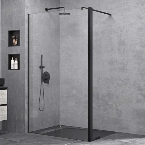 doporro Duschwand 90x200cm Walk-In mit 30cm Nebenteil, 8mm Duschabtrennung Bremen schwarz mit Stabilisator, aus Echtglas ESG-Sicherheitsglas Klarglas inkl. Nanobeschichtung von doporro