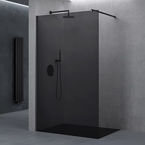 doporro Duschwand Duschtrennwand 100x200 Walk-In Dusche mit Stabilisator Bremen01 VG schwarz aus Echtglas 8mm ESG-Sicherheitsglas vollgrau inkl. Nanobeschichtung von doporro