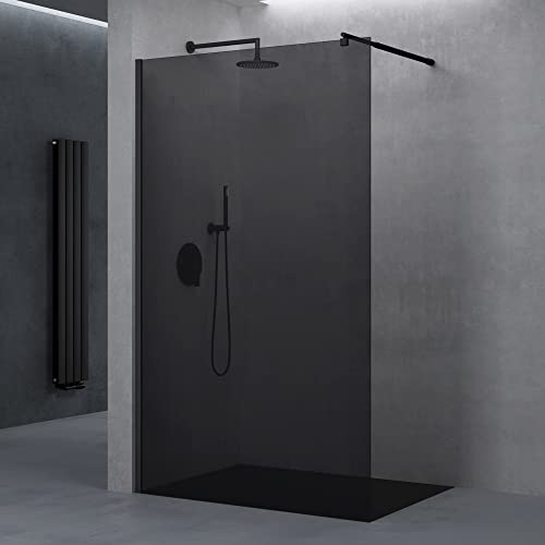 doporro Duschwand Duschtrennwand 100x200 Walk-In Dusche mit Stabilisator Bremen02 VG schwarz aus Echtglas 10mm ESG-Sicherheitsglas vollgrau inkl. Nanobeschichtung von doporro