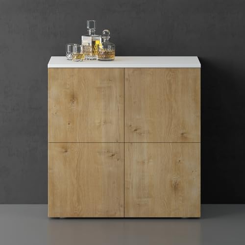 doporro Sideboard Kommode 76 cm in Matt Weiß und Kerneiche Aufbewahrungsschrank Bodenstehend für Ihren Wohnbereich Viel Stauraum Schrank 04 von doporro