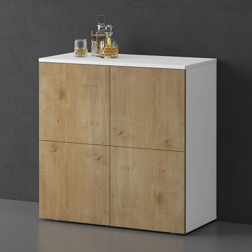 doporro Sideboard Kommode 76 cm in Matt Weiß und Kerneiche Aufbewahrungsschrank Bodenstehend für Ihren Wohnbereich Viel Stauraum Schrank 04 von doporro