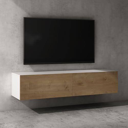 doporro® TV Lowboard TV-Schrank Fernsehschrank Holz 140cm in matt Weiß und Kerneiche Hängend oder Stehend Fernsehtisch, TV-Regal für Fernseher Fernsehschrank02 von doporro