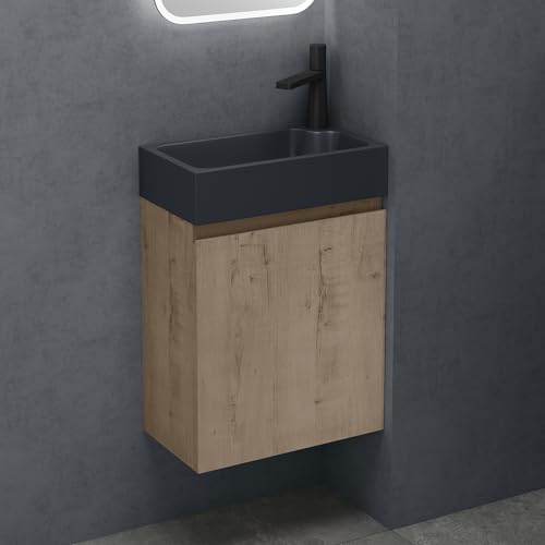doporro Badezimmerschrank Badmöbel-Set in Eiche Greige BxTxH: 46x26x63cm Waschtisch mit Unterschrank mit Mineralguss-Waschbecken in matt Anthrazit Gäste-WC Wandmontage Pisa02 von doporro