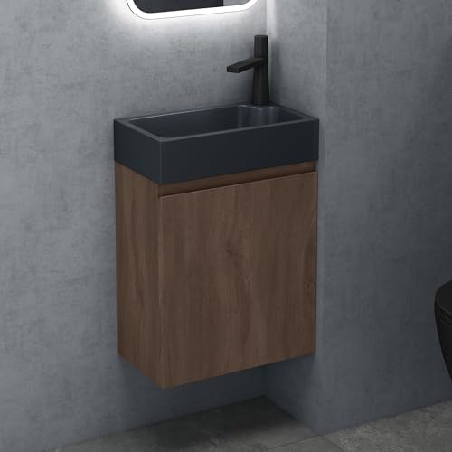 doporro Badezimmerschrank Badmöbel-Set in Eiche Stirling BxTxH: 46x26x63cm Waschtisch mit Unterschrank mit Mineralguss-Waschbecken in matt Anthrazit Gäste-WC Wandmontage Pisa02 von doporro