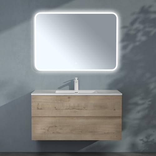 doporro Badmöbel-Set Waschbecken-Unterschrank Badezimmer Wandmontage-Unterschrank BTH: 100x48x50 cm in Eiche Greige inkl. Mineralguss-Waschbecken und LED-Spiegel Aqualis von doporro