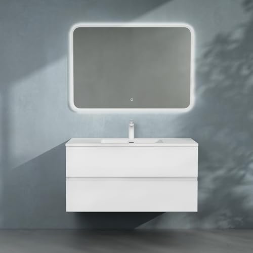 doporro Badmöbel-Set Waschbecken-Unterschrank Badezimmer Wandmontage-Unterschrank BTH: 100x48x50 cm in Matt Weiß inkl. Mineralguss-Waschbecken und LED-Spiegel Aqualis von doporro