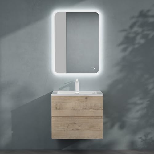 doporro Badmöbel-Set Waschbecken-Unterschrank Badezimmer Wandmontage-Unterschrank BTH: 60x48x50 cm in Eiche Greige inkl. Mineralguss-Waschbecken und LED-Spiegel Aqualis von doporro