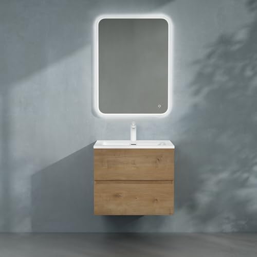 doporro Badmöbel-Set Waschbecken-Unterschrank Badezimmer Wandmontage-Unterschrank BTH: 60x48x50 cm in Kerneiche inkl. Mineralguss-Waschbecken und LED-Spiegel Aqualis von doporro