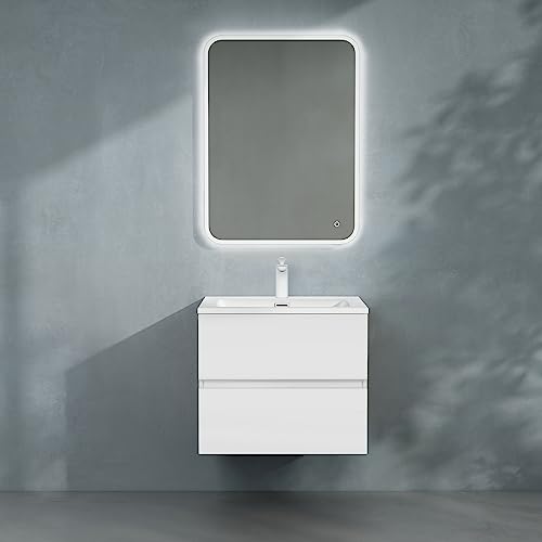doporro Badmöbel-Set Waschbecken-Unterschrank Badezimmer Wandmontage-Unterschrank BTH: 60x48x50 cm in Matt Weiß inkl. Mineralguss-Waschbecken und LED-Spiegel Aqualis von doporro