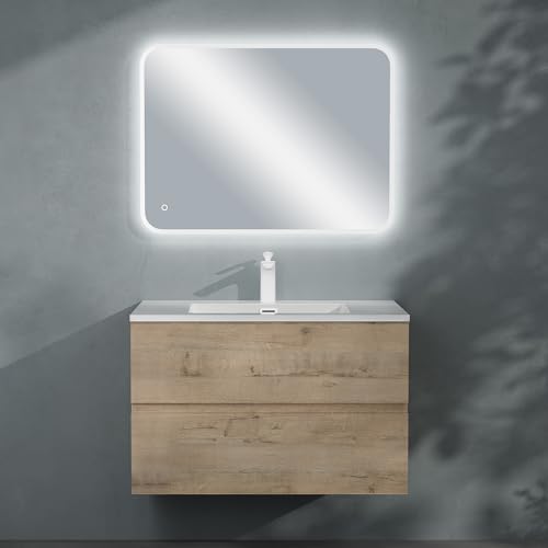 doporro Badmöbel-Set Waschbecken-Unterschrank Badezimmer Wandmontage-Unterschrank BTH: 80x48x50 cm in Eiche Greige inkl. Mineralguss-Waschbecken und LED-Spiegel Aqualis von doporro