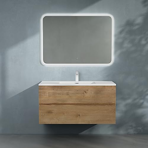 doporro Badmöbel-Set Waschbecken-Unterschrank Badezimmer Wandmontage-Unterschrank BTH: 80x48x50 cm in Kerneiche inkl. Mineralguss-Waschbecken und LED-Spiegel Aqualis von doporro