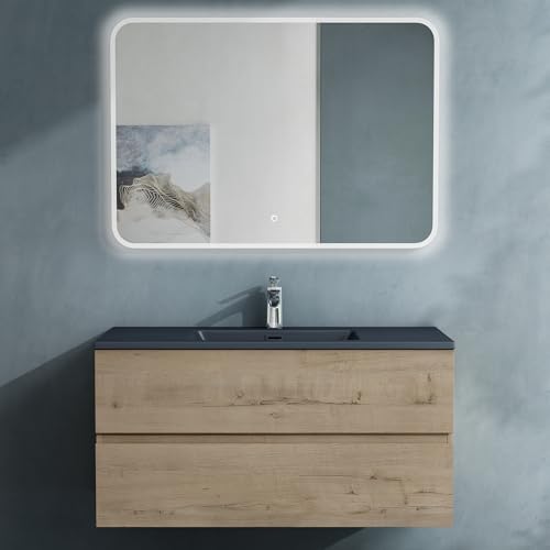 doporro Badmöbel-Set Waschbecken-Unterschrank Badezimmer Waschtisch mit Unterschrank BTH: 100x48x50 cm in Eiche Greige inkl. matt Anthrazit Mineralguss-Waschbecken und LED-Spiegel Aqualis von doporro