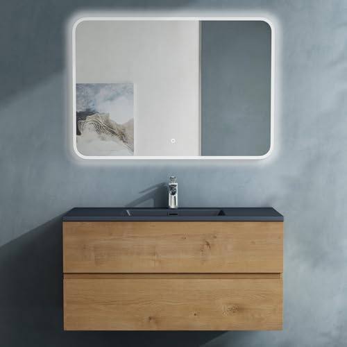 doporro Badmöbel-Set Waschbecken-Unterschrank Badezimmer Waschtisch mit Unterschrank BTH: 100x48x50 cm in Kerneiche inkl. matt Anthrazit Mineralguss-Waschbecken und LED-Spiegel Aqualis von doporro