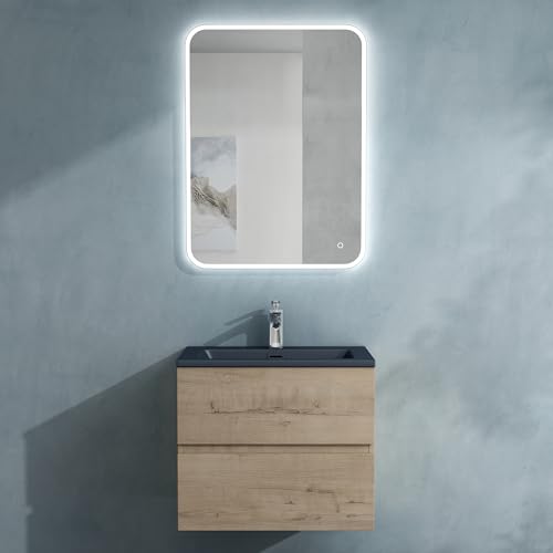 doporro Badmöbel-Set Waschbecken-Unterschrank Badezimmer Waschtisch mit Unterschrank BTH: 60x48x50 cm in Eiche Greige inkl. matt Anthrazit Mineralguss-Waschbecken und LED-Spiegel Aqualis von doporro