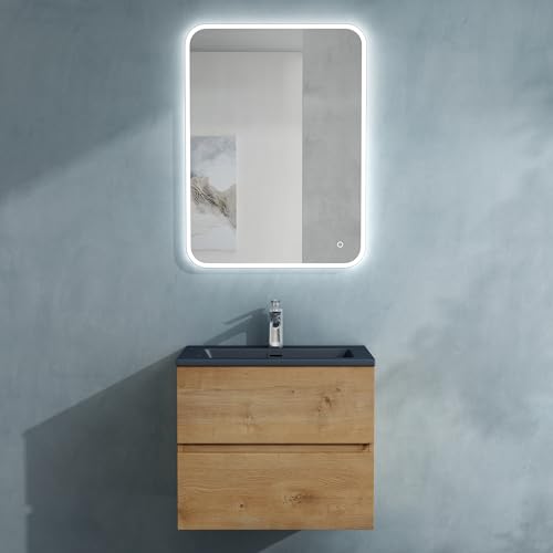 doporro Badmöbel-Set Waschbecken-Unterschrank Badezimmer Waschtisch mit Unterschrank BTH: 60x48x50 cm in Kerneiche inkl. matt Anthrazit Mineralguss-Waschbecken und LED-Spiegel Aqualis von doporro